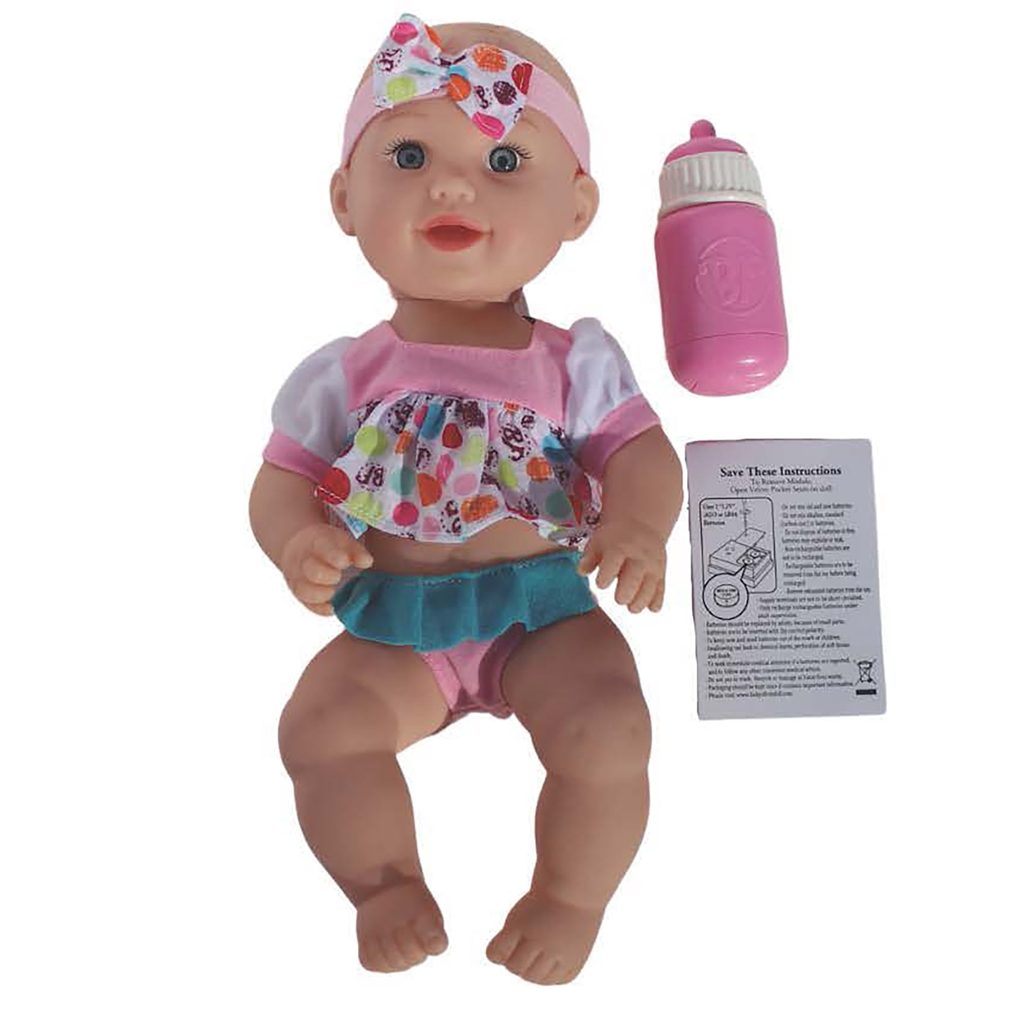 Goldberger Baby's First 13" Soft Body Talking Baby Doll with Bottle Baby White Top. A Realistic and Lightweight Soft Body Baby Doll for children 2 year & Up.