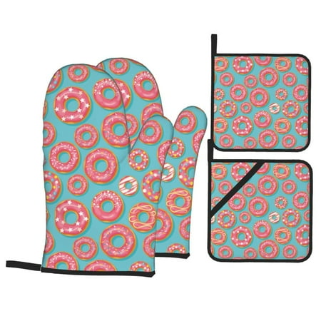 

Oven Mitts and Pot Holders Sets 4 pcs Pink Donut Print Blue Non-Slip Oven Gloves Potholders Soft Quilted Lining Heat Resistant Gloves Hot Pads for Kitchen Cooking Baking