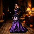 thumbnail image 6 of Women Halloween Witch Maxi Dress, Long Sleeve V Neck Lace Cuff A Line Floor Length Dress, Gothic Haunted House Printed Evening Party Dress, 6 of 6