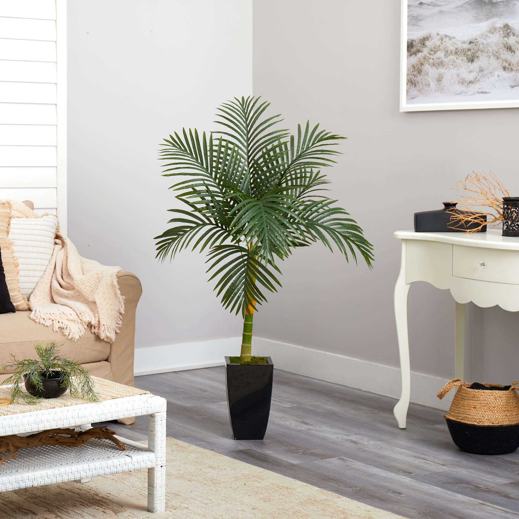 Nearly Natural 4.5' Golden Cane Artificial Palm Tree in Black Metal Planter