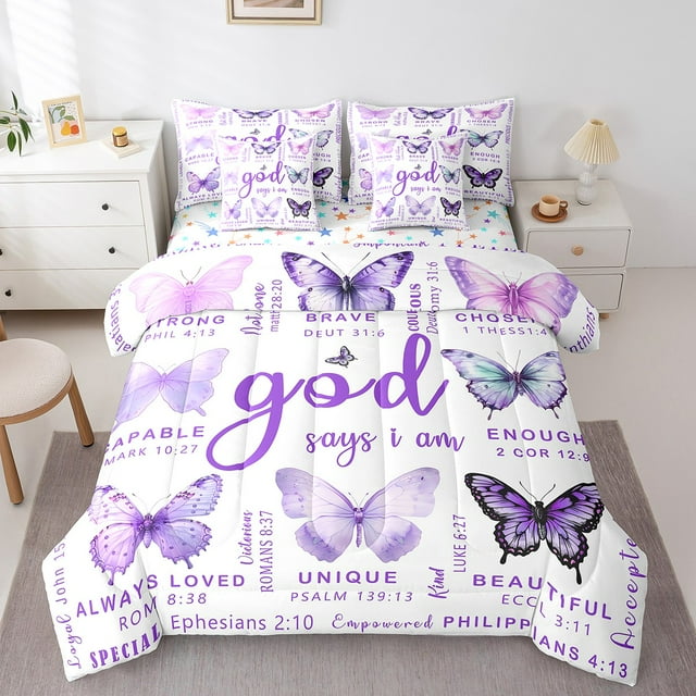 Erosebridal Girls Butterfly Bedding Sets Twin Size, Purple White Comforter Sets with Sheets, Letters Decor, Reversible