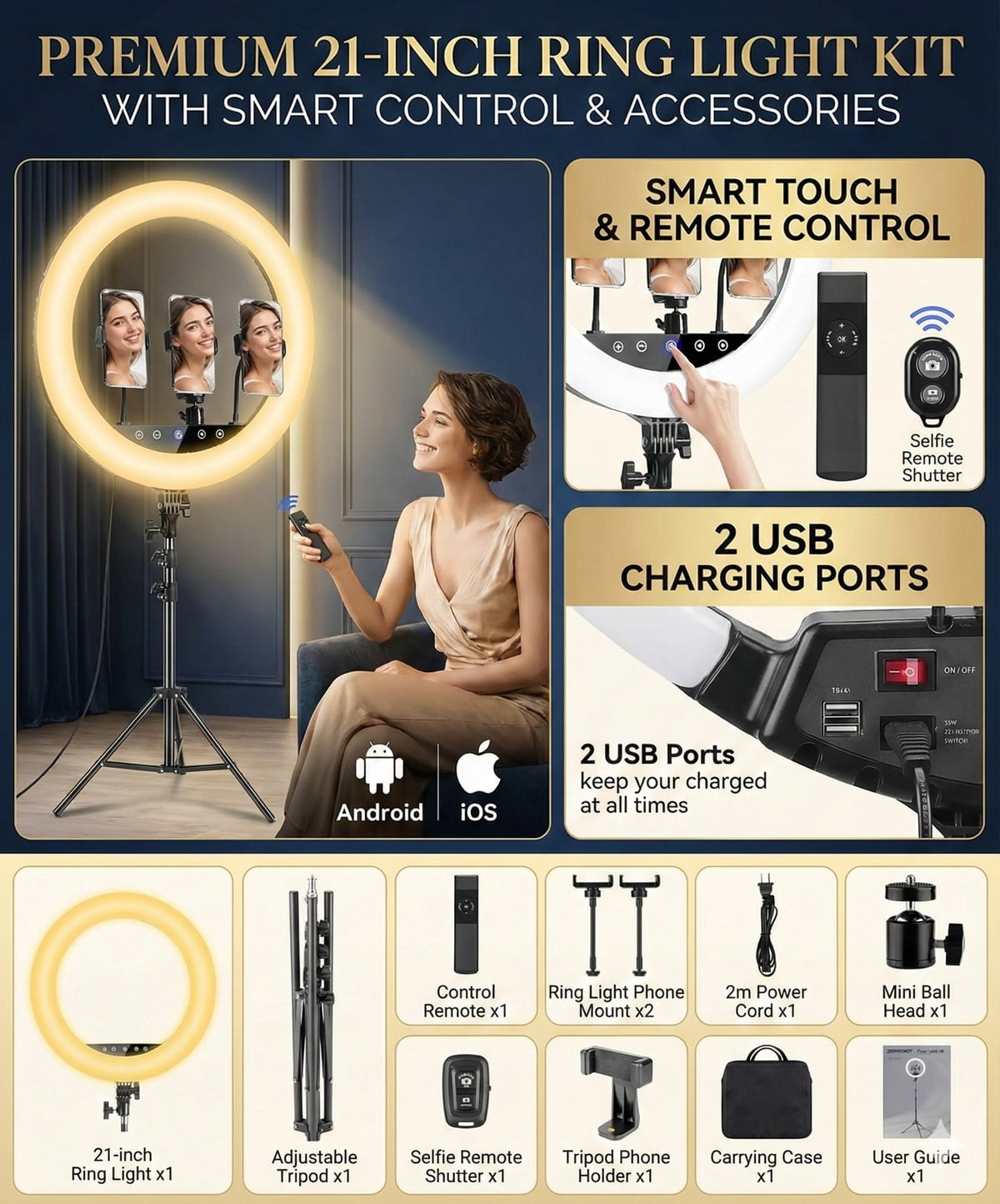 21” LED Ring Light with Tripod Stand, Remote & Phone/Camera Mount, 55W Smart Touch Dimmable 3000K–6000K for TikTok, YouTube, Makeup & Photography