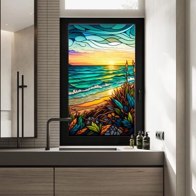 Pellicule pour Vitrail Rétro Non Adhésive Colorée Coucher de Soleil au Bord de la Mer Pellicule pour Fenêtre Décorative à Adhérence Statique