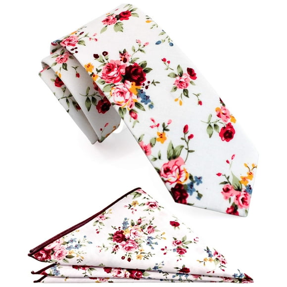 Mens Cotton Skinny Rose Floral White Tie Combo Set with Flower Pocket Square
