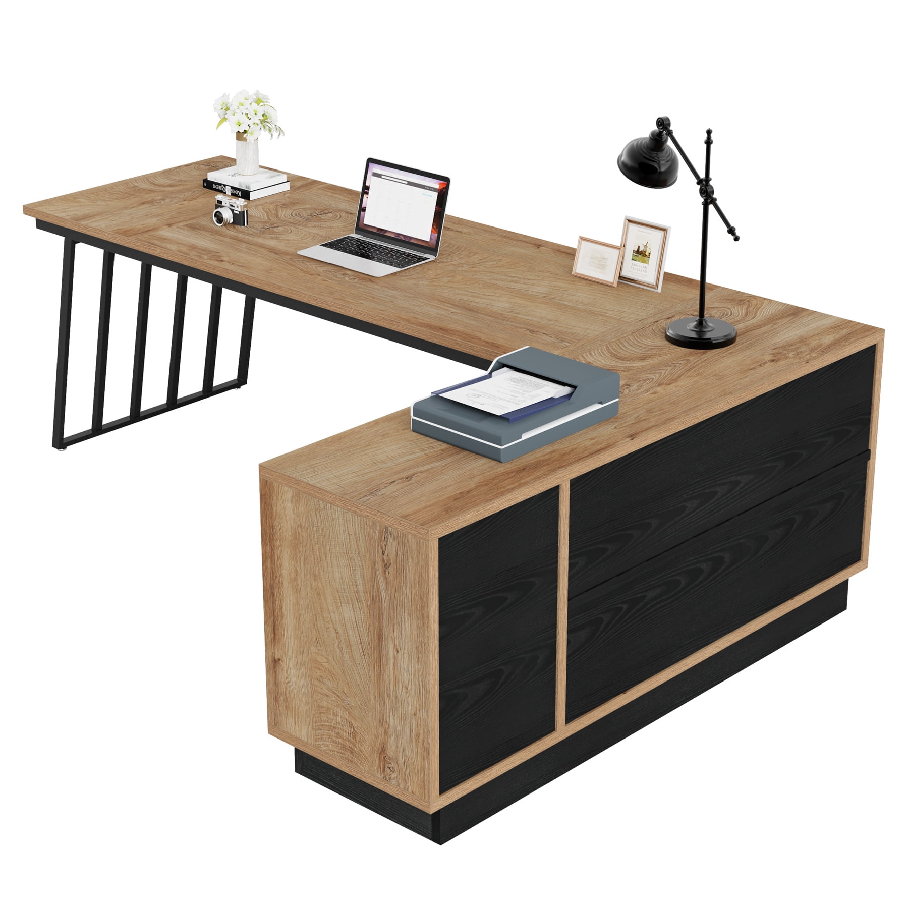 Fnova 71" L-Shaped Executive Desk with Storage Drawers and Open Shelves, Industrial Office Desk Writing Desk with File Cabinet, Spacious Corner Computer Desk for Home Office