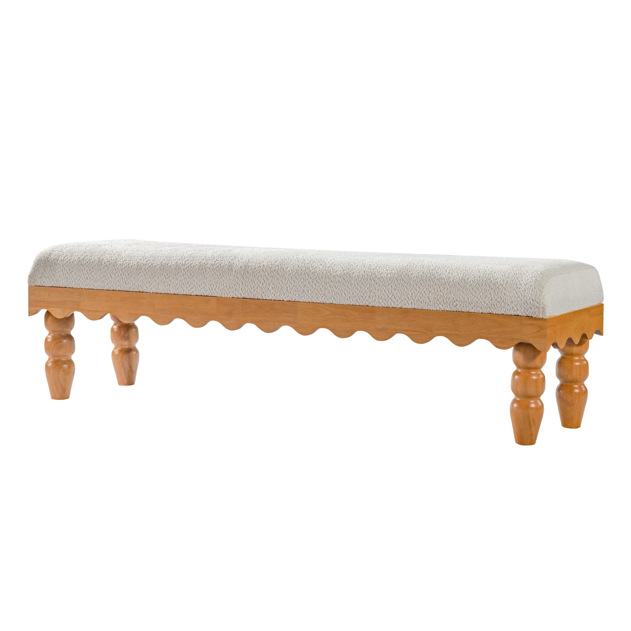 Christopher Knight Home Vintage Boucle Fabric Bench, Wave Trim Ottoman with Solid Wood Legs, Beige