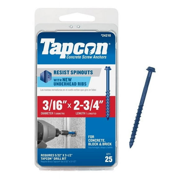 ITW BRANDS Tapcon 1/4 x 2-3/4-Inch Hex-Washer-Head Concrete Anchors, 25-Pack 24230
