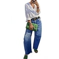 thumbnail image 2 of Women's High Waist Barrel Leg Jeans - Deep Blue Washed Denim with Distressed Ripped Detail, Frayed Raw Hem, Relaxed Cropped Fit Pants for Casual Daily & Boho Outings, 2 of 5