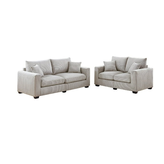 Jesica 2pc Loveseat Sofa Set- 2 Accent Pillows- Ivory Corduroy Fabric