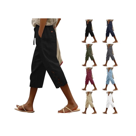 Womens Capri Pants High Waisted Cotton Linen Short Pant Lightweight Loose Fit Cropped Trousers with Pockets