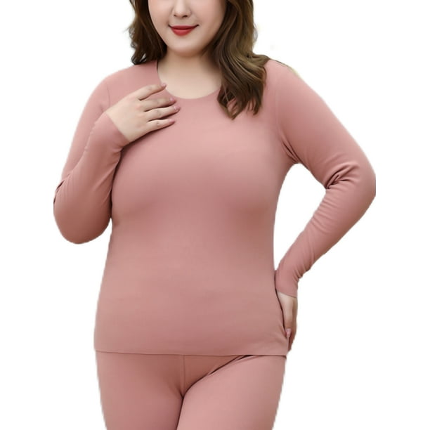 LUXUR Women Solid Color Thermal Underwear Warm Base Layer Long Johns Set  Dark Pink 4XL 