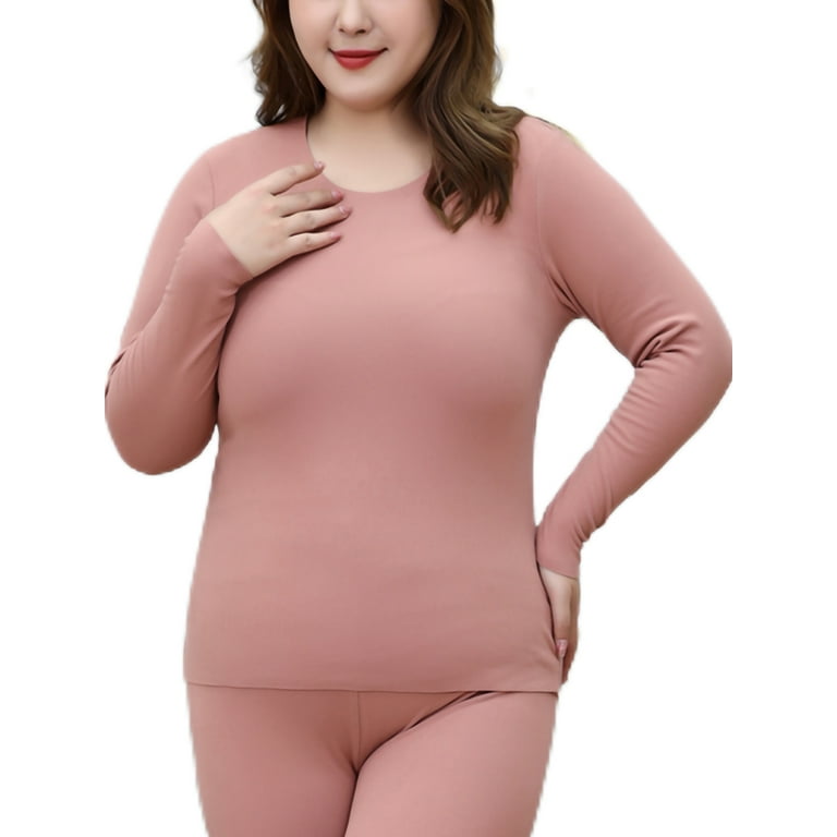 Jusddie Ladies Top And Bottom Suits 2 Pieces Warm Thermal Underwear Solid  Color Base Layer Long Johns Set Sleeve Winter Dark Pink 5XL 