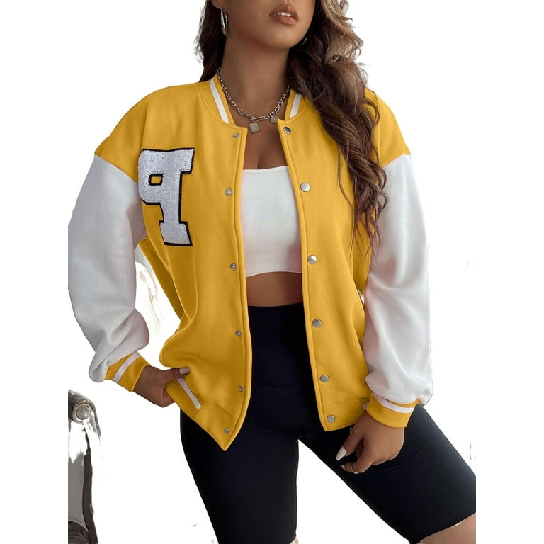 Women's Plus Size Casual Letter Baseball Collar Varsity Long Sleeve Jacket