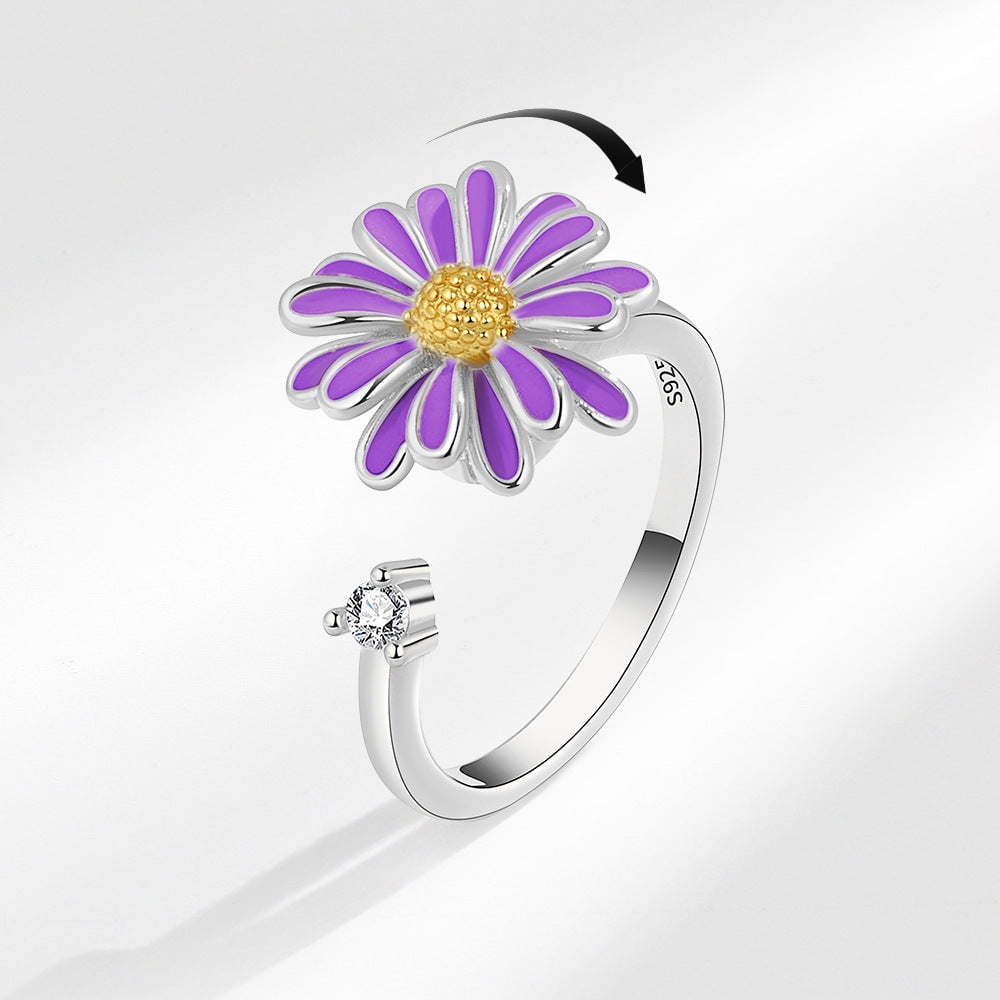 Womens Purple Enamel Flower Ring Fidget Spinner Copper Adjustable Fashion Jewelry For Anxiety Relief Calm Days