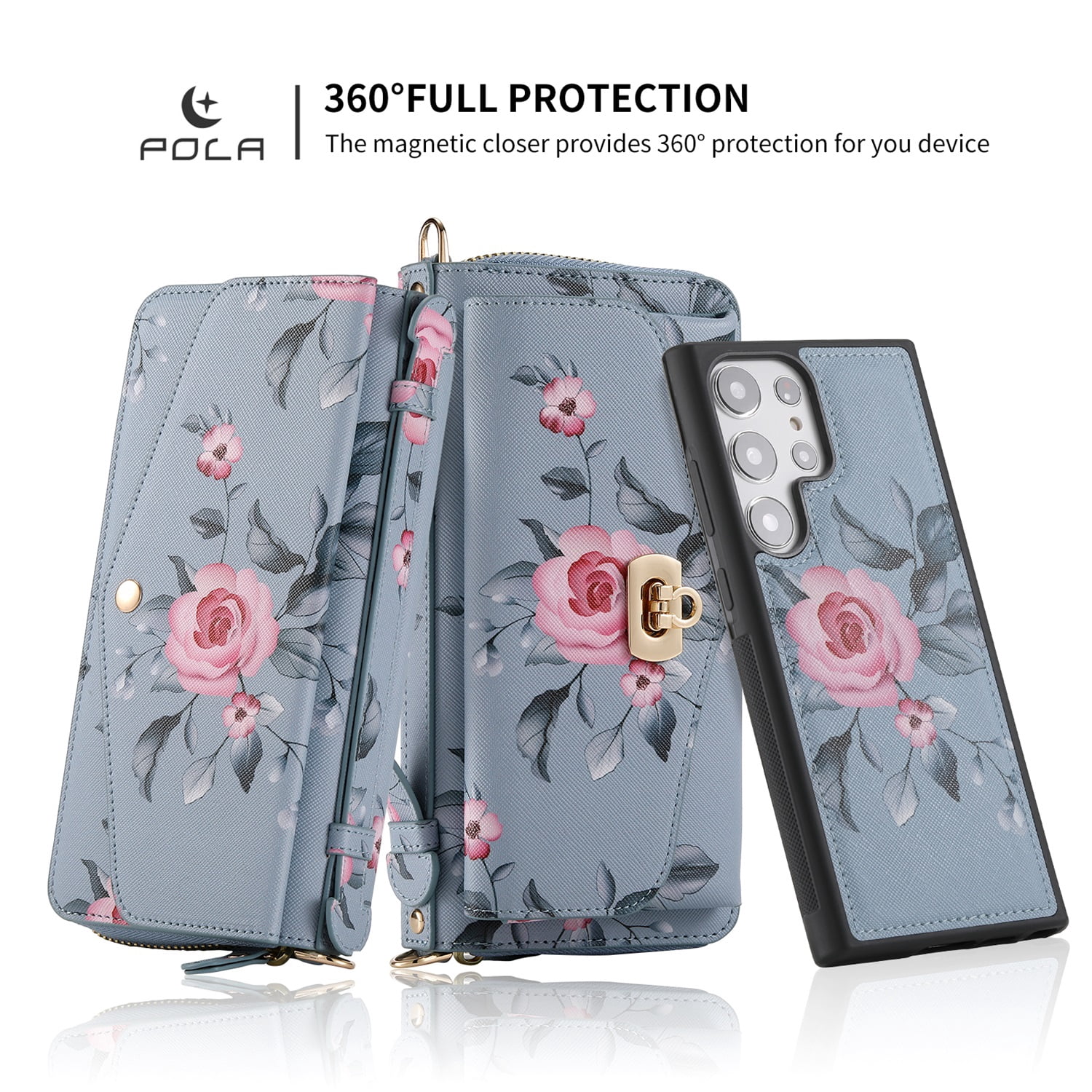 SaniMore Magnetic Detachable Wallet Case for Samsung Galaxy S22 Ultra, Flower Pattern RFID Blocking Cover Support Wireless Charging Card Slot Shoulder & Wrist Strap 360° Full Protective Shell, Grey