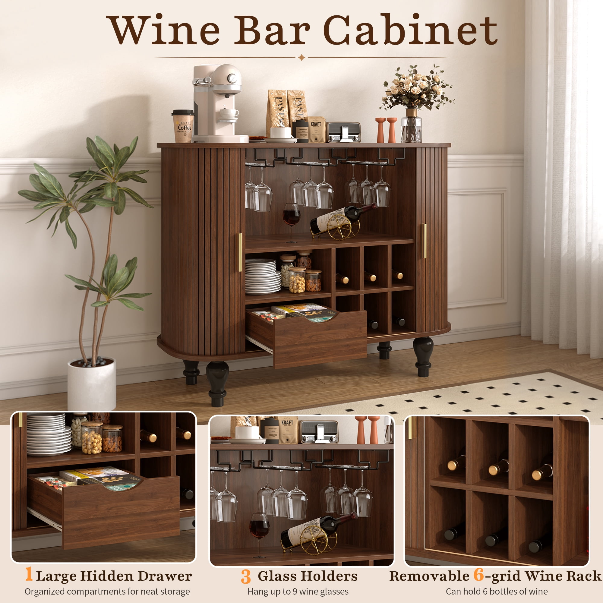 avobird 39" Fluted Liquor & Coffee Bar Cabinet with 6 Wine Racks and 3 Glass Holders, Mid-Century Modern Bar Cabinet with A Large Storage Drawer ,4 Hidden Storage Space on the Side , Walnut