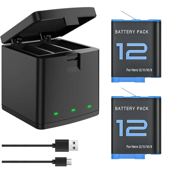 Replacement Hero 12 Battery 2-Pack Compatible with Gopro Hero 12 Black Camera, for GoPro Hero 11 Black / Hero 10 Black / Hero 9 Black Action Camera and 3-Channel Batteries Charger Station