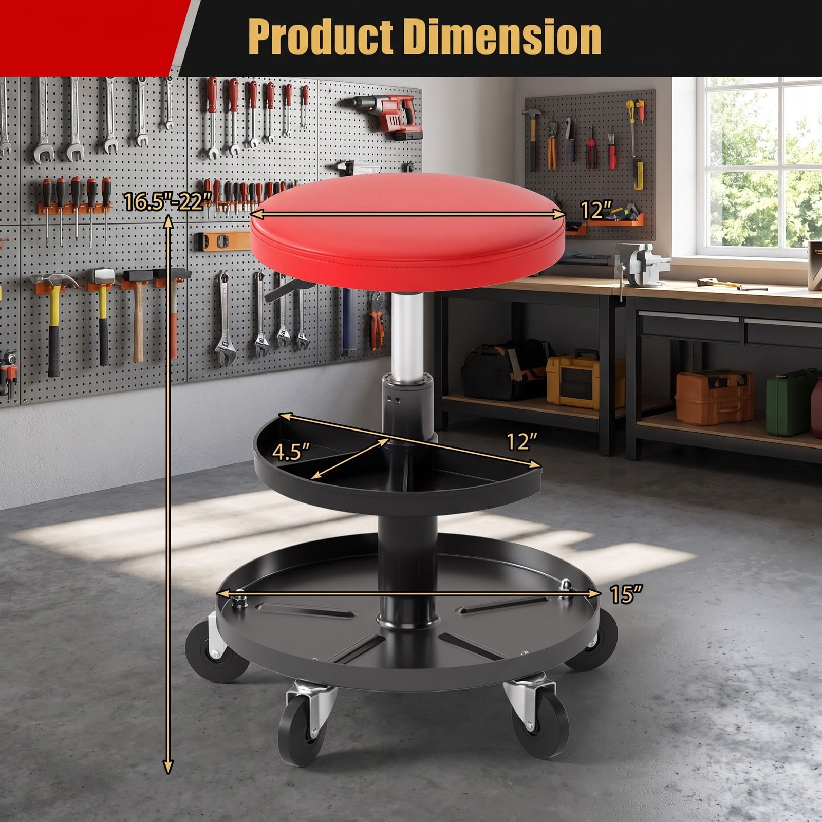 Furnibear Rolling Mechanic Stool with Wheels, 16.5-22 in Adjustable Height Swivel Shop Stool, 2-Tier Tool Trays, PU Leather Padded Seat, 360 Degree Casters, 265, Red