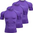 thumbnail image 2 of Men's 3 Pack Compression Shirt Short Sleeve Workout Gym Top Cool Dry Athletic Base Layer Undershirt T-Shirt for Sport Running Purple, 2 of 6