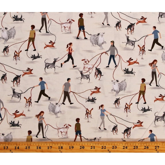Cotton People Walking Their Dogs Dog Walkers Pets Animals Cream Cotton Fabric Print by the Yard (DOG-CD1242-CREAM)