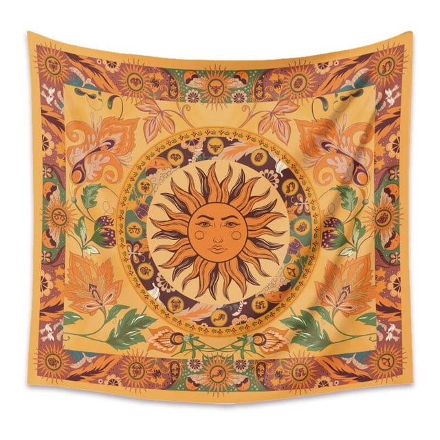 Graflsoa Bohemian Sun Design Flannel Wall Hanging Tapestry, Yellow Home Decor Fabric, 130x150cm, Polyester Material, Includes Nails & Clips