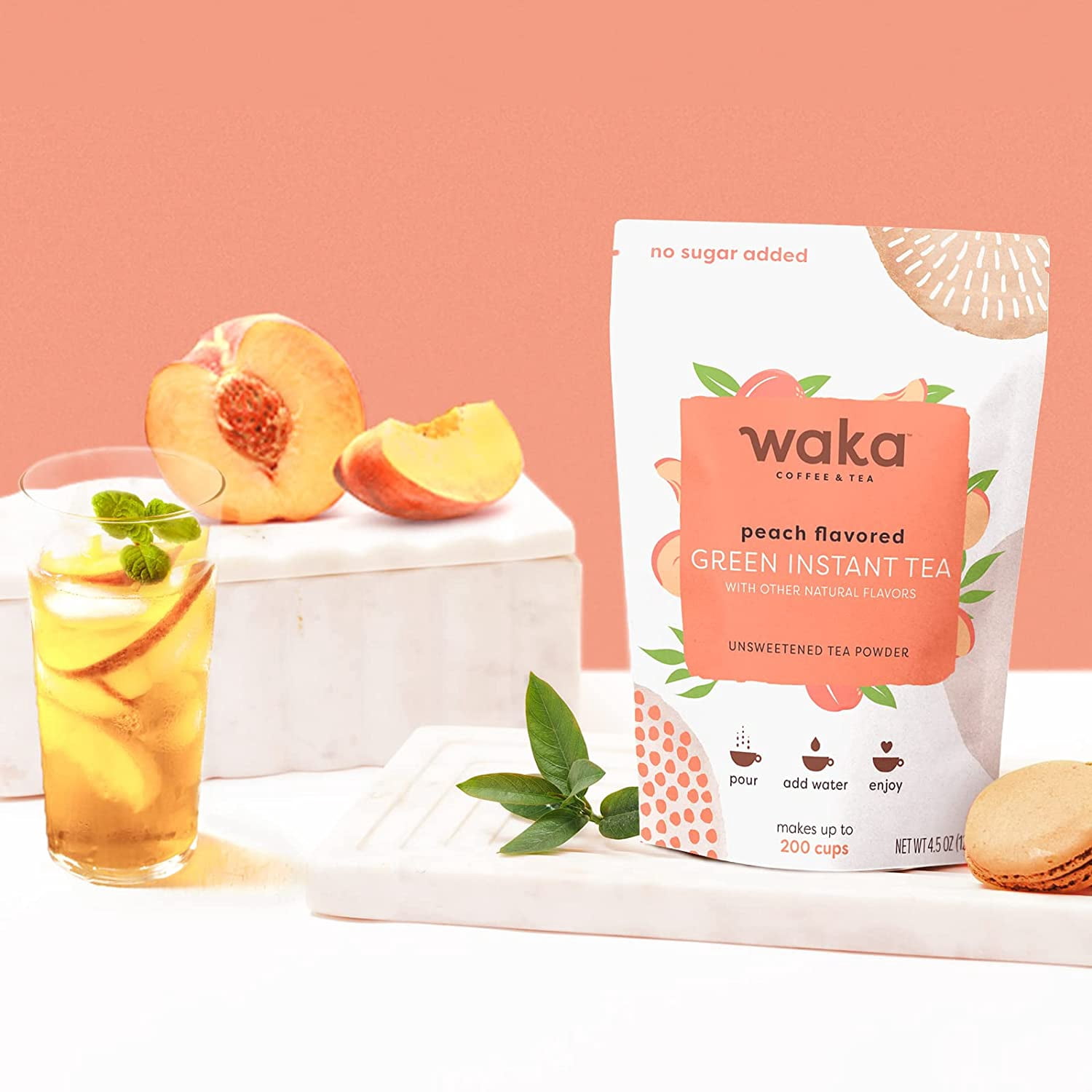 Waka Instant Tea Mix, 3 Bag Bundle - 100% Tea Leaves, No Additives, Unsweetened Tea Powders - Raspberry Flavored, Peach Flavored, Lemon Flavored Green (4.5oz Each)