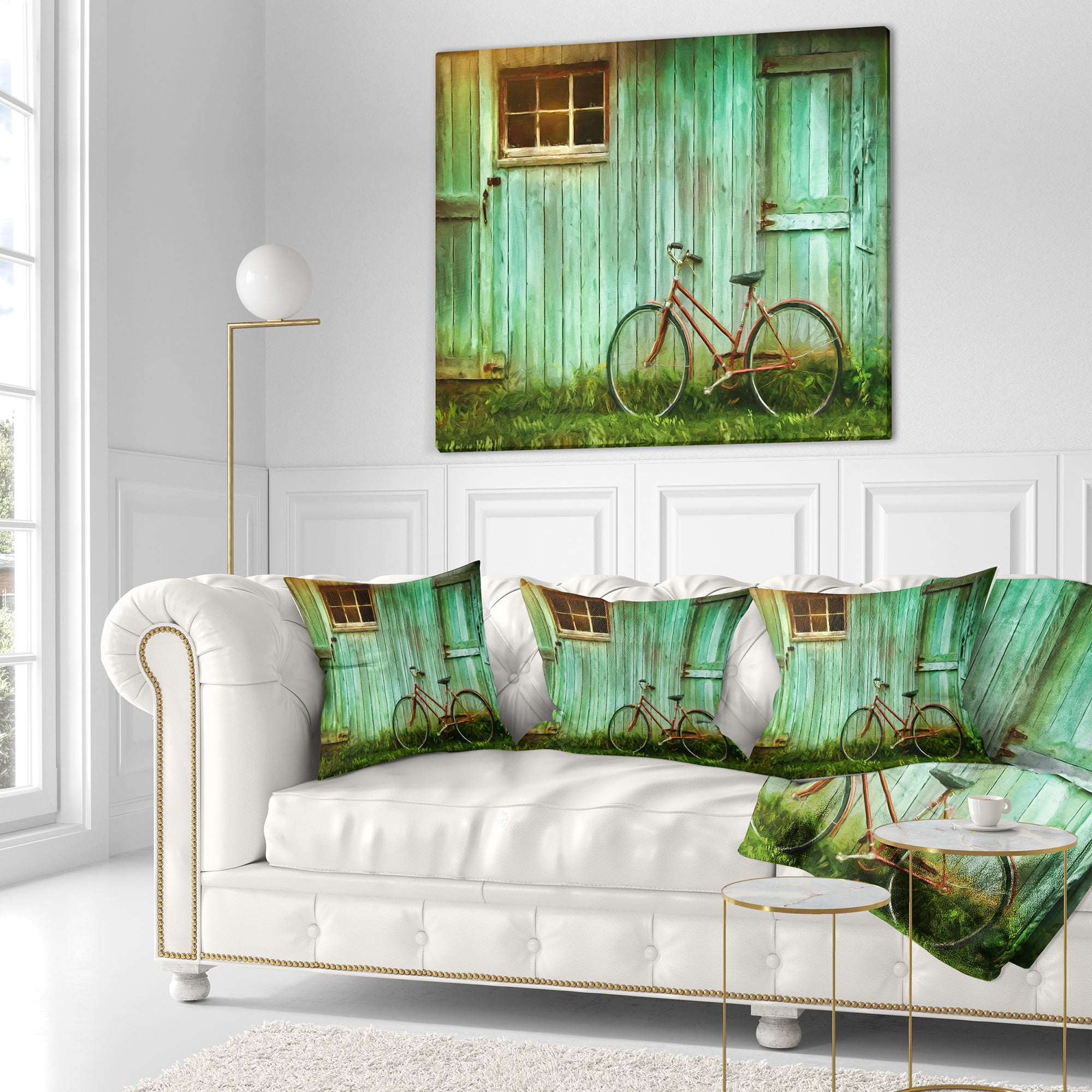 Designart Old Bicycle against Barn - Landscape Photo Throw Pillow - 16x16