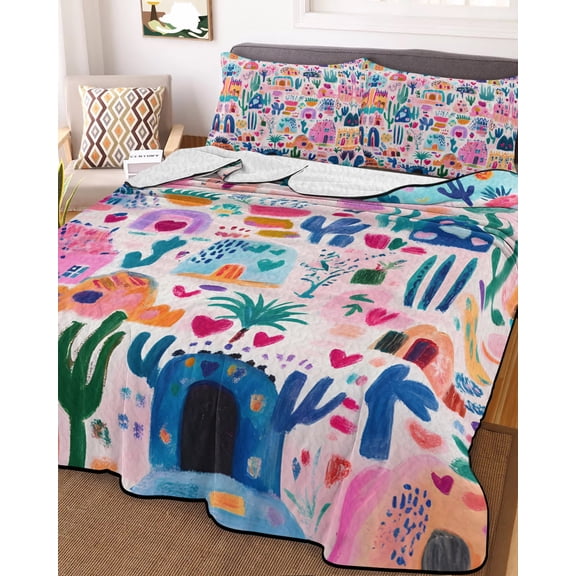 Colorful Spring Floral King Size Down Alternative Comforter, Lightweight Comforter Quilt Bedding Set with Pillow Shams Summer Botanical Cactus All Seasons Bed Comforter Duvet Insert 96"x106"