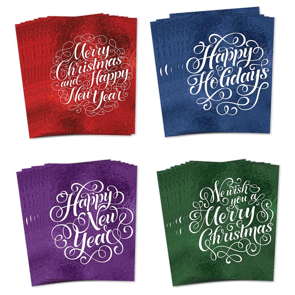 Pretty Foil Christmas Greeting Cards 48 Pack with Envelopes 4 Assorted Elegant Faux Foil Designs