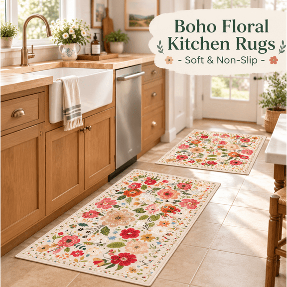 Boho Farmhouse Kitchen Rug Set - Non-Slip & Floral