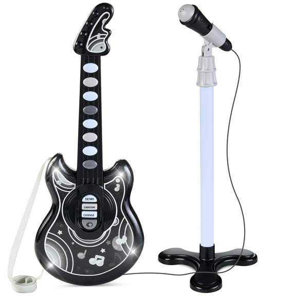 Best Choice Products 19in Kids Flash Guitar, Pretend Play Musical Instrument Toy for Toddlers w/ Mic, Stand - Black