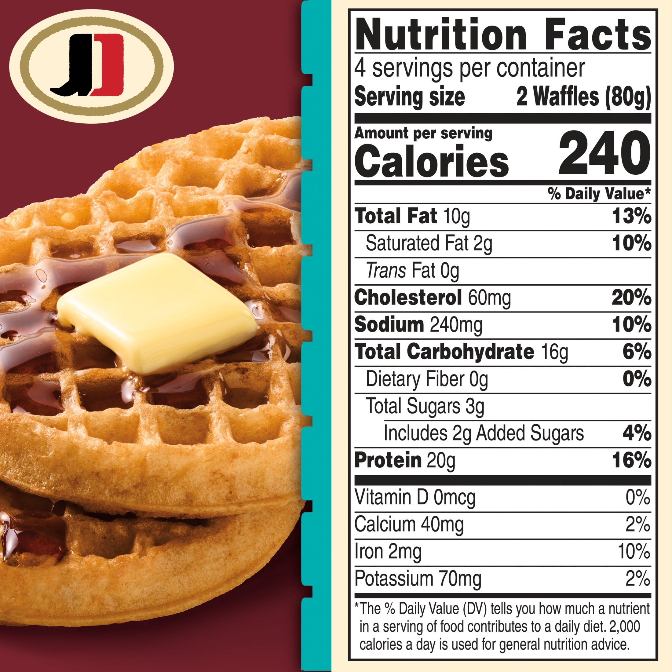 Jimmy Dean Protein Buttermilk Waffles, Fully Cooked Breakfast, 11.28 oz, 8 Count (Frozen)