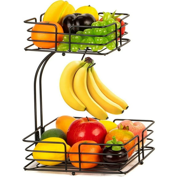 Tkrady Fruit Basket For Kitchen Counter - Fruit Basket With Banana Hanger - Double Layer Metal Wire Fruit Bowl For Kitchen Countertop - Fruit Holder For Produce, Vegetables, Kitchen