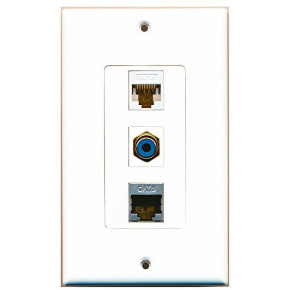 RiteAV - 1 Port RCA Blue and 1 Port Shielded Cat6 Ethernet and 1 Port Cat6 Ethernet White Decorative Wall Plate Decorative