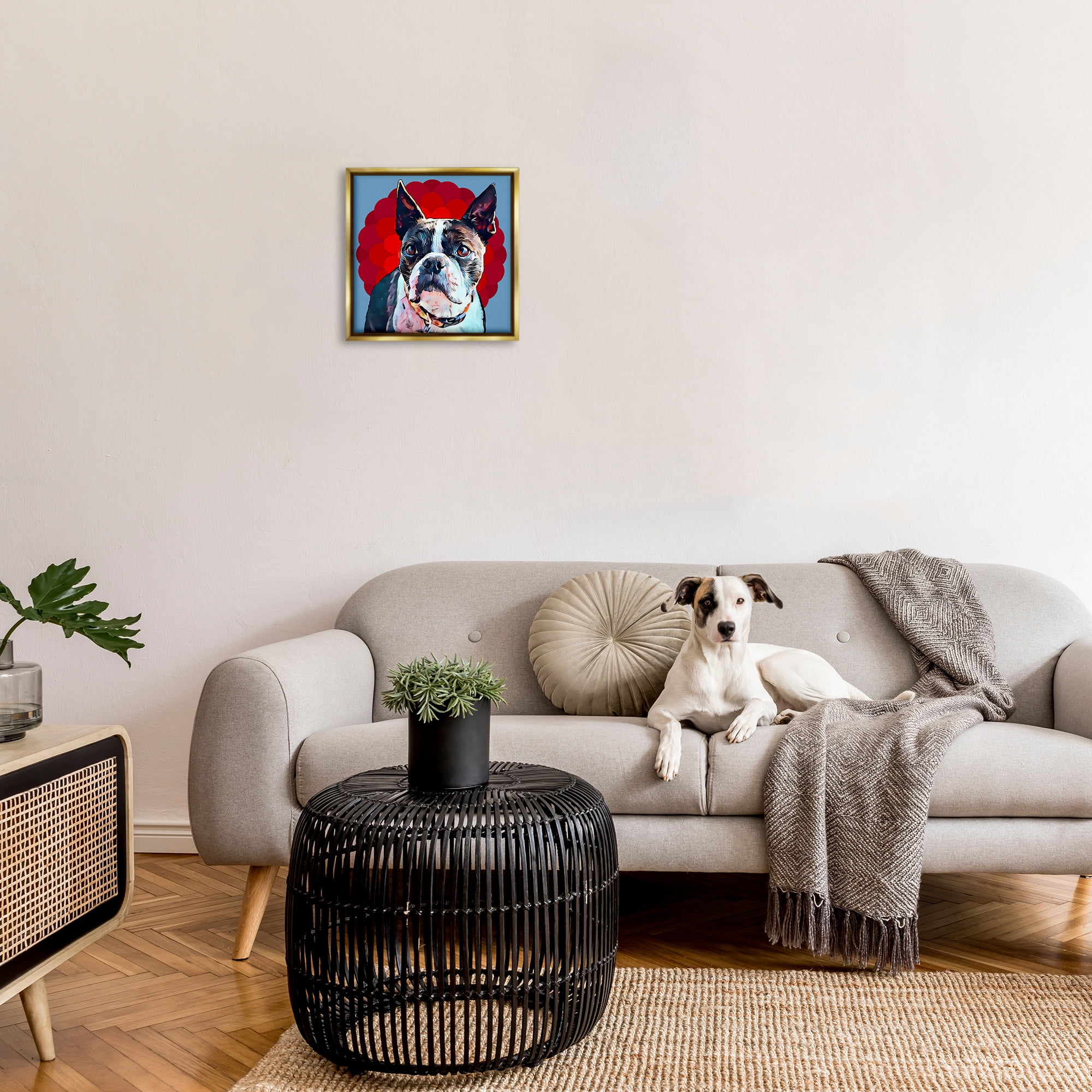 Stupell Industries Boston Terrier Dog over Geometric Animals & Insects Painting Gold Floater Framed Canvas Art Print Wall Art, 18 x 18
