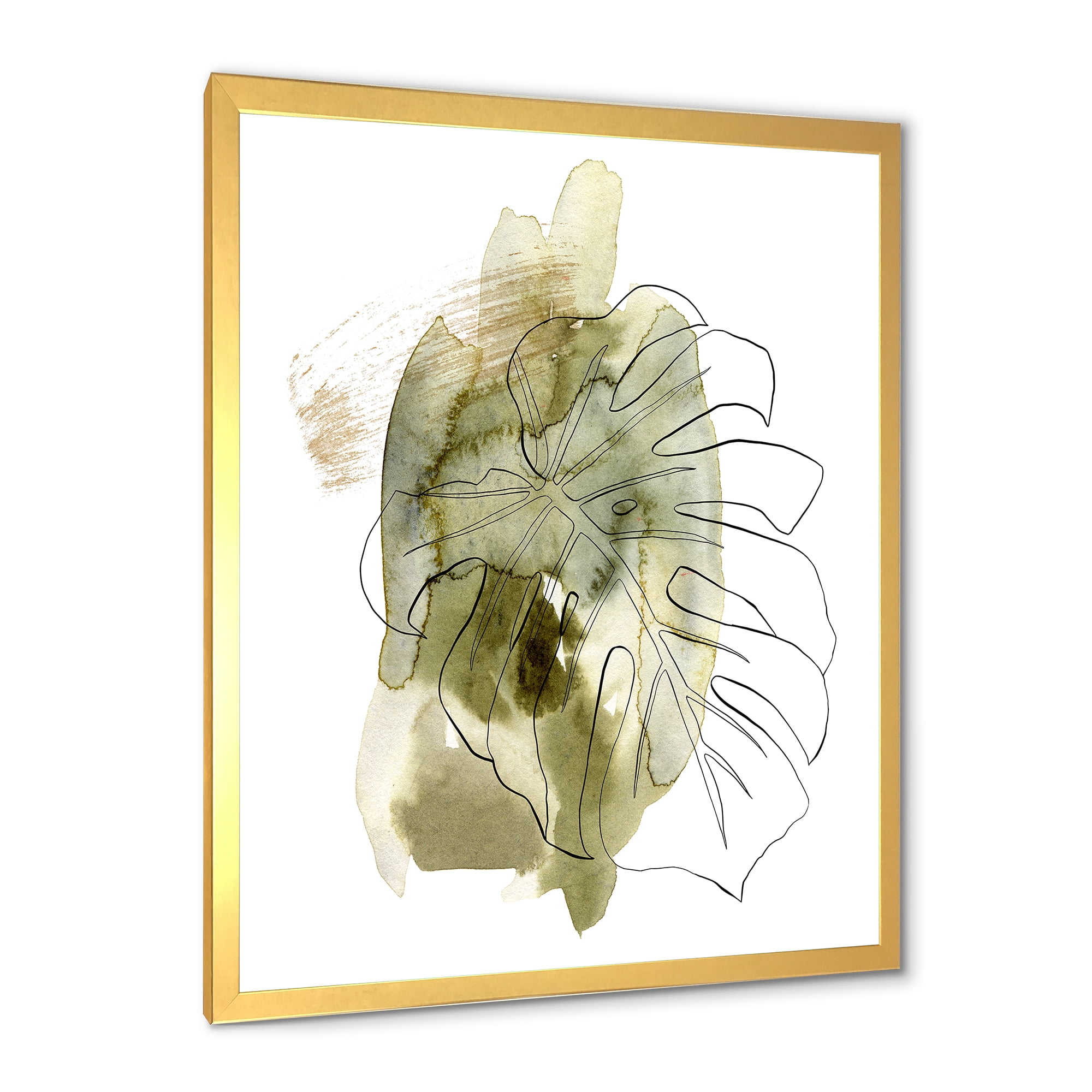 Designart 'Line Art Monstera Branch Tropical Abstract Leaves on Green' Traditional Framed Art Print
