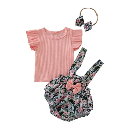 

Baby Girl Floral Clothes Summer Ribbed Tops Suspender Shorts Headband 3pcs Set