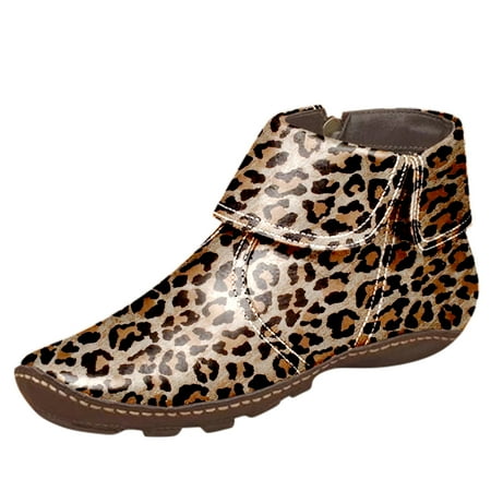 

jsaierl Womens Leopard Print Flats Leather Zipper Round Toe Casual Shoes Ankle Boots
