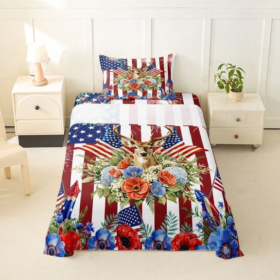 Manfei Watercolor Floral Twin Sheets,Classic Buck Head Flag Bedding,Red Navy,3-Piece,1 Fitted Sheet and 1 Pillowcase
