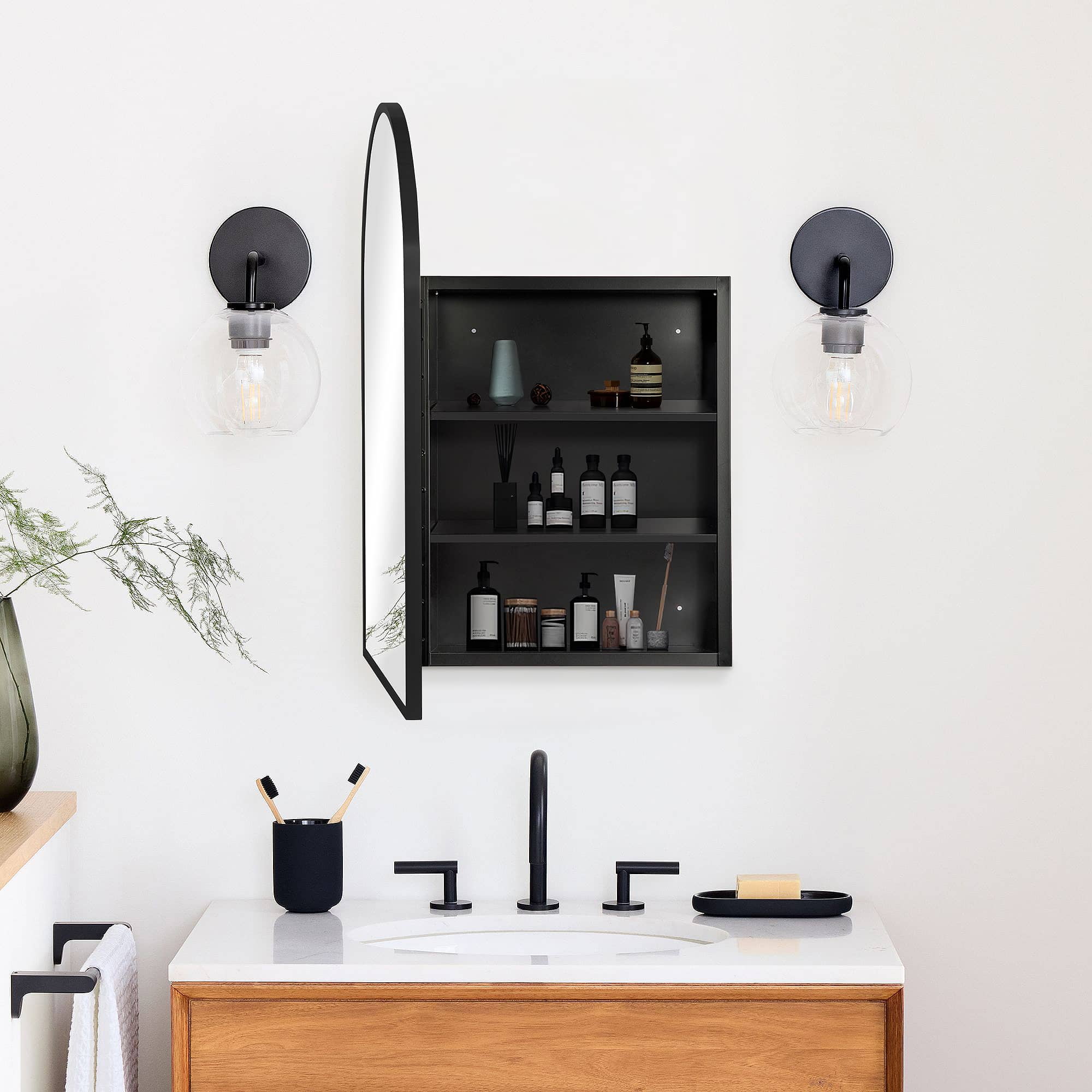 MAYEERTY 36"x24" Iron Rounded Arch Medicine Cabinet with Mirror for Bathroom , Black