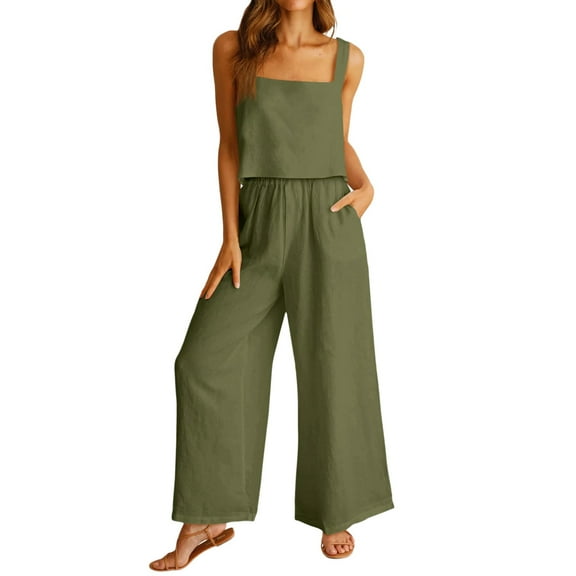 BLOCLOALO 2 Piece Lounge Set Sleeveless Tops Women's Outfits Square Neck Linen Tank Crop Top Wide Leg Pants Matching Set Cropped Tank Tops Dressy Casual Suit Casual Lounge Sets for Women Army Green S