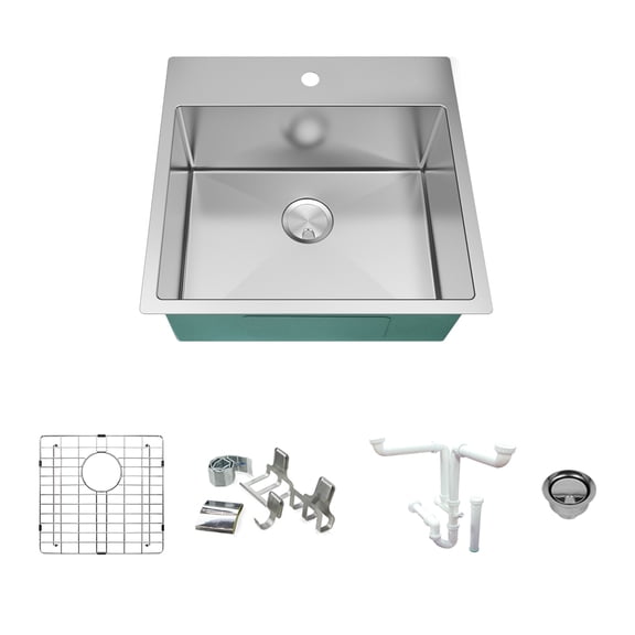 Transolid KKM-DTSB232210 Diamond 23-in L x 22-in W Single Bowl Dual-Mount Kitchen Sink and Accessories Kit with 1 Pre-Drilled Hole in Stainless Steel