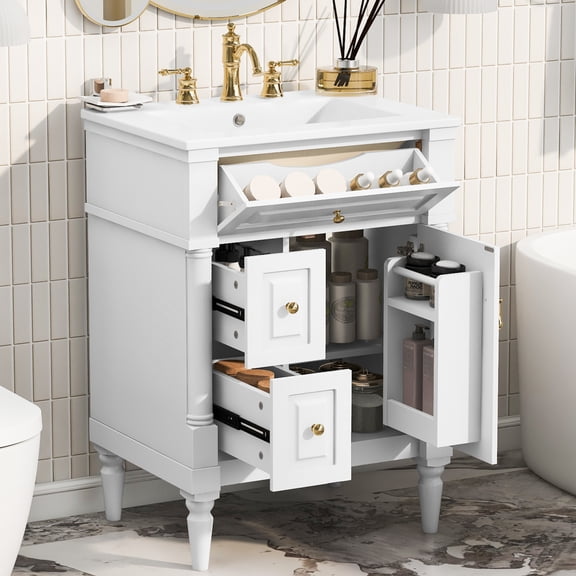 24" Bathroom Vanity with Sink, Solid Wood Bathroom Storage Cabinet with 2 Drawers and 1 Tip-Out Drawer, Soft Closing Cabinet Door with Organizer, White
