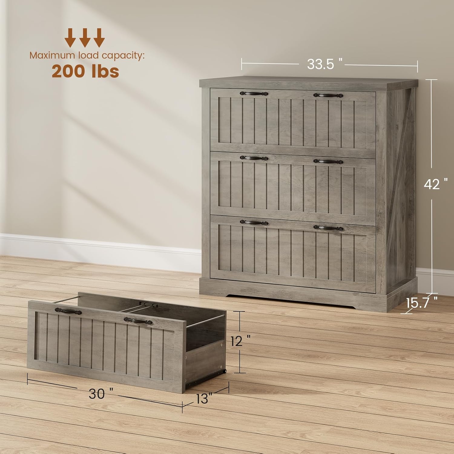3 Drawer File Cabinet, Farmhouse Filing Cabinet Fits Letter/Legal/A4 Size, Wood File Cabinet with Printer Stand for Home Office, Retro Style for Living Room, Grey