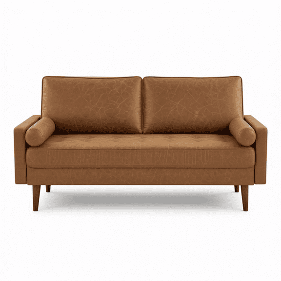 57" Loveseat Sofa Couch, Mid Century Modern Faux Leather Couch, Brown
