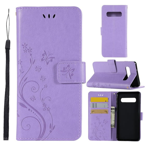 S10 Plus Case, Samsung Galaxy S10 Plus Case - Allytech Premium Wallet PU Leather with Fashion Embossed Flower Magnetic Clasp Card Holders Flip Cover with Hand Strap, Lightpurple