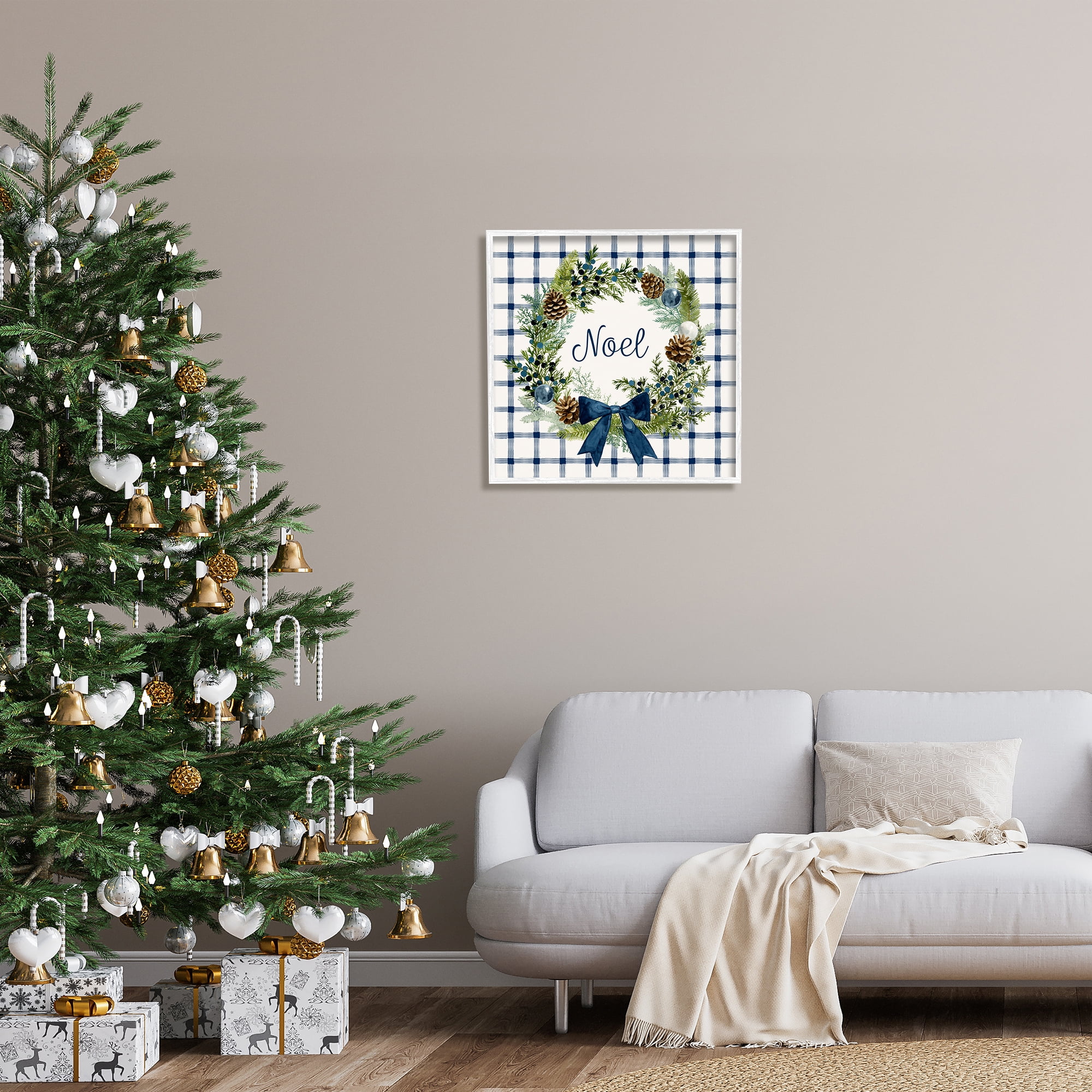 Stupell Industries Winter Noel Sentiment Pinecone Wreath Blue Plaid, 24 x 24,Design by Victoria Barnes