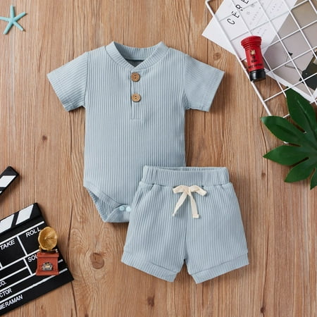 

Caitzr Unisex Toddler Baby Summer Outfits Solid Color Ribbed Stand Collar Short Sleeves Romper Elastic Waist Shorts