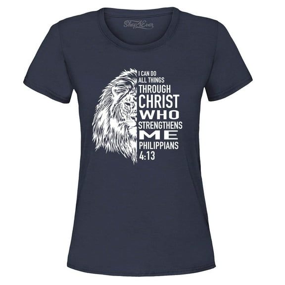 Shop4Ever Women's Lion Verse I Can Do All Things Through Christ Graphic T-Shirt Small Navy