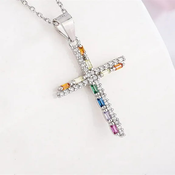 Perimade Sterling Silver Rainbow Gemstone Cross Charm Necklace